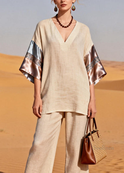 Casual V Neck Patchwork Linen Silk Women Sets 2 Pieces Summer