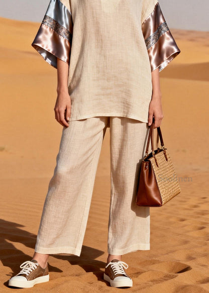 Casual V Neck Patchwork Linen Silk Women Sets 2 Pieces Summer