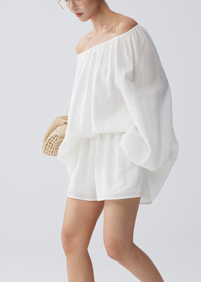 Casual White Cold Shoulder Cotton Tops And Shorts Two Pieces Set Summer