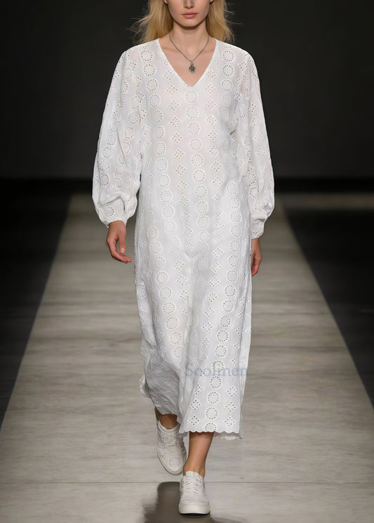 Casual White Embroidered Hollow Out Cotton Ankle Dress Spring