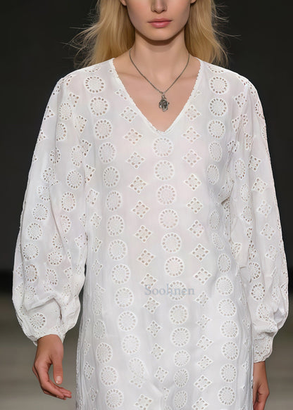 Casual White Embroidered Hollow Out Cotton Ankle Dress Spring