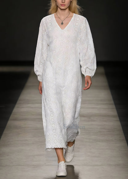 Casual White Embroidered Hollow Out Cotton Ankle Dress Spring