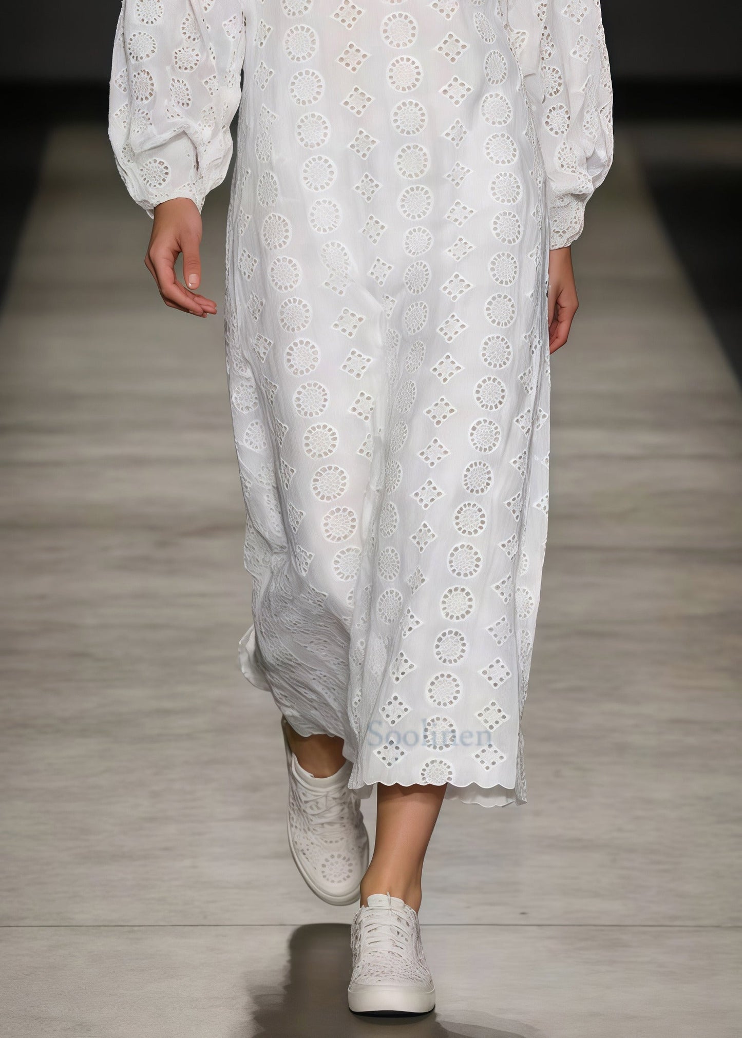 Casual White Embroidered Hollow Out Cotton Ankle Dress Spring
