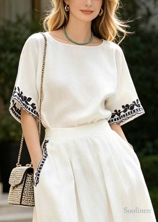 Casual White Embroidered Linen Two Piece Set Summer