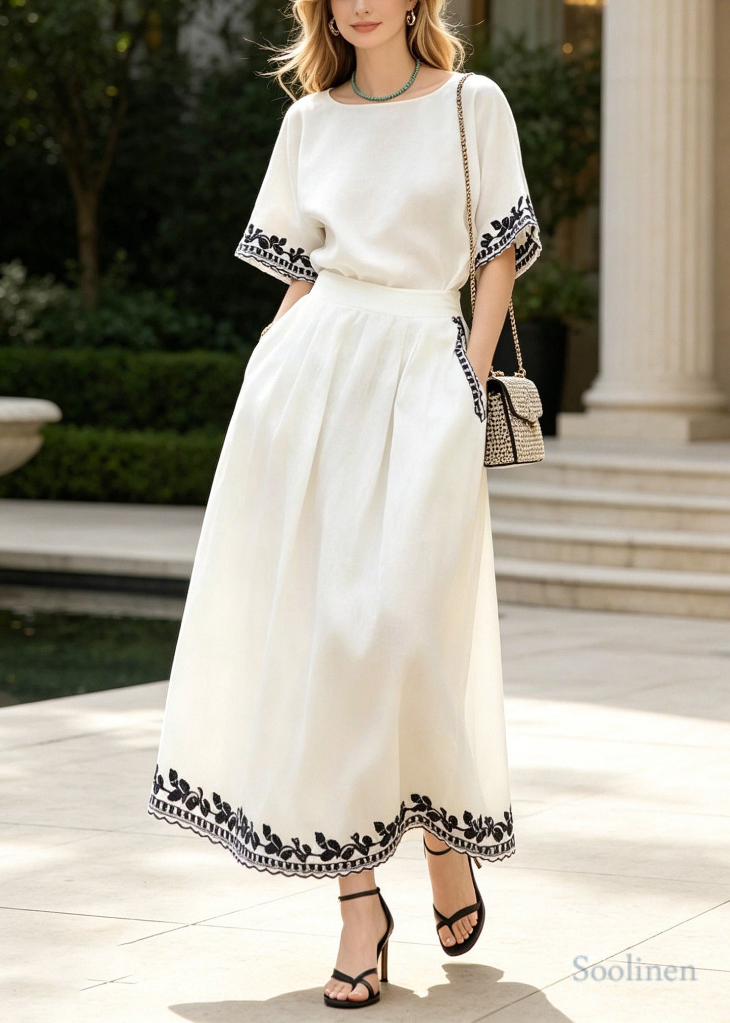 Casual White Embroidered Linen Two Piece Set Summer