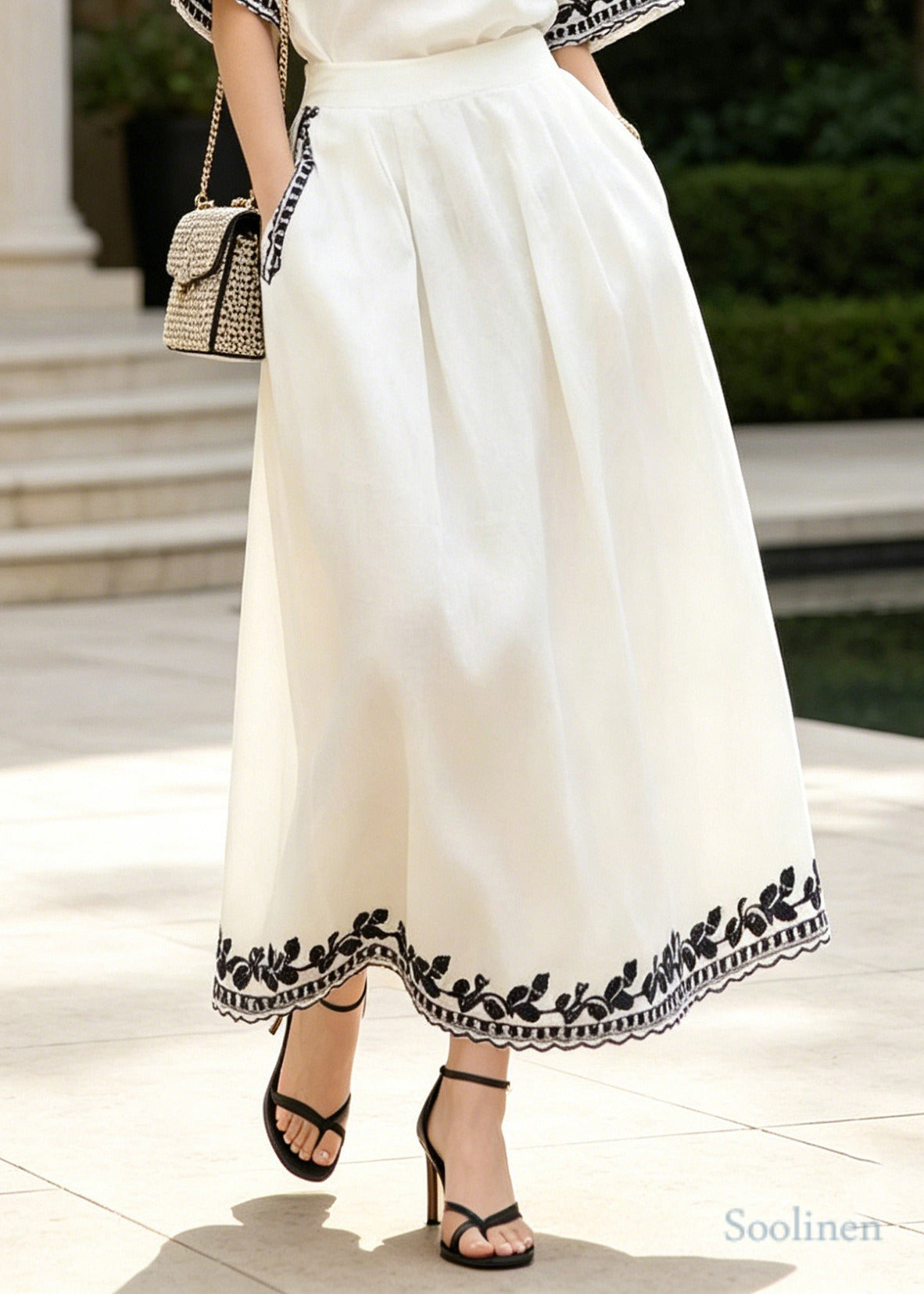 Casual White Embroidered Linen Two Piece Set Summer