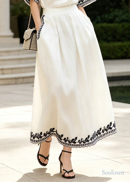 Casual White Embroidered Linen Two Piece Set Summer