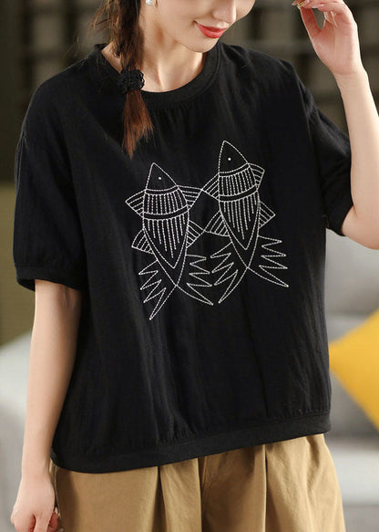 Casual White O Neck Embroidered Loose Linen T Shirts Summer