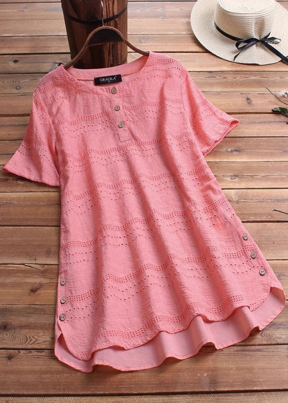 Casual White O Neck Embroidered Patchwork Cotton Top Summer