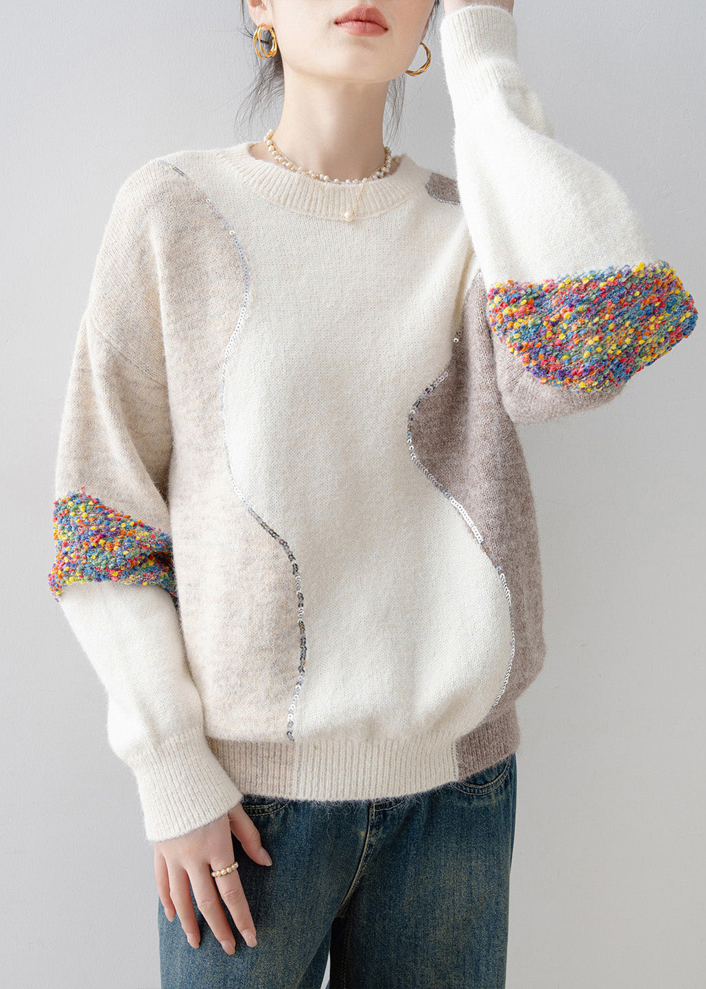 Casual White O Neck Sequins Patchwork Knit Sweaters Spring