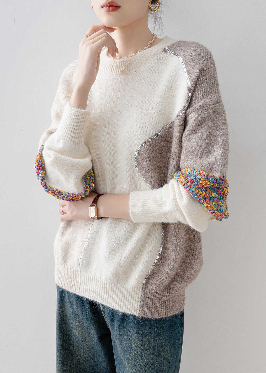 Casual White O Neck Sequins Patchwork Knit Sweaters Spring