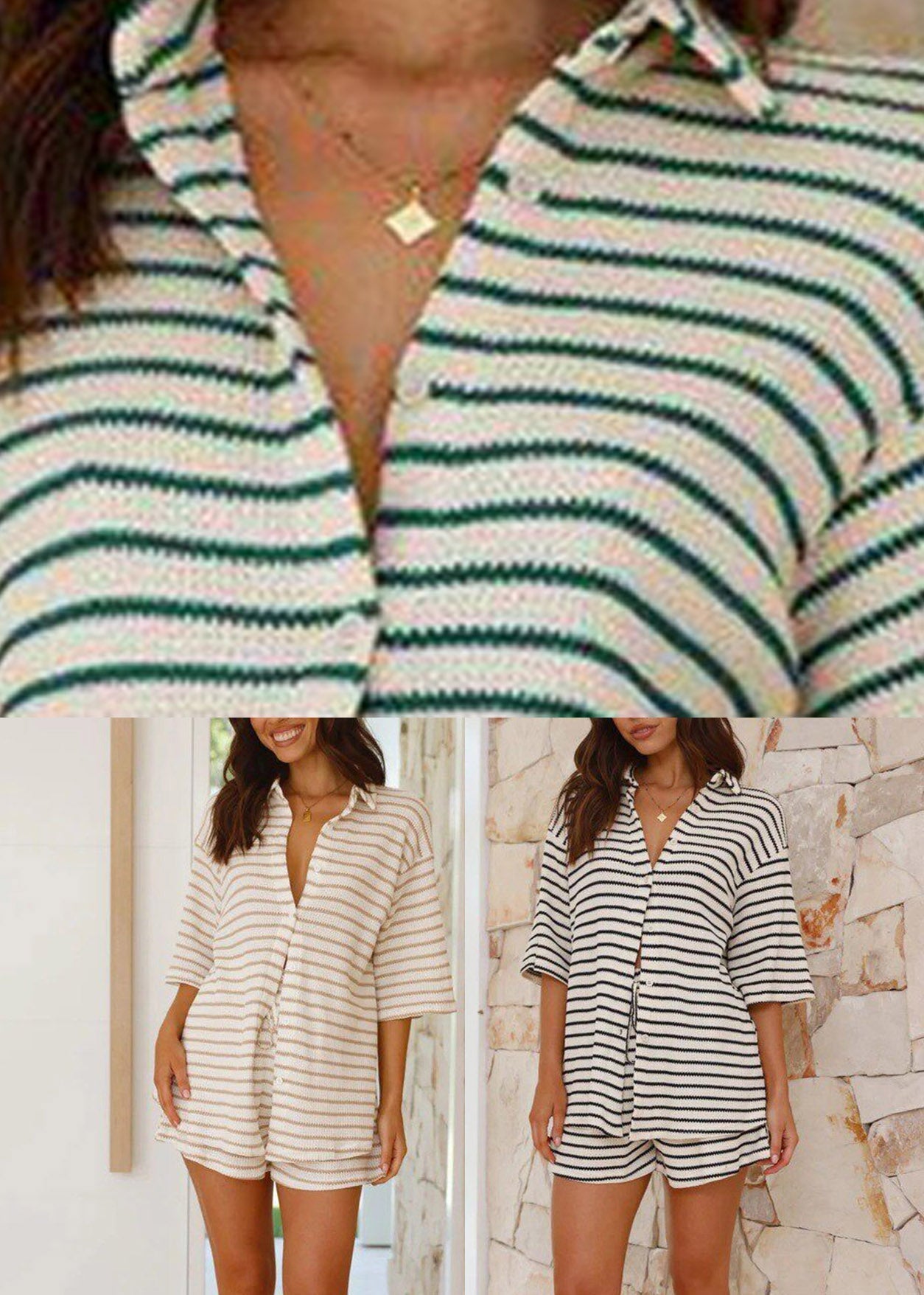 Casual White Striped Peter Pan Collar Shirts And Shorts Two Pieces Set Summer