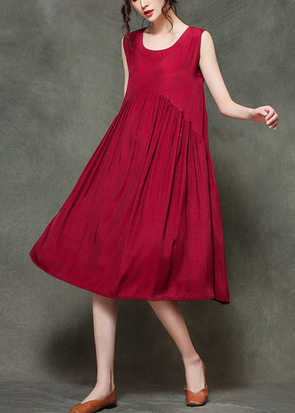 Casual Wine Print4 O-Neck Wrinkled Long Dresses Sleeveless