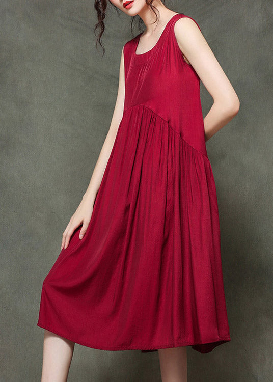 Casual Wine Print2 O-Neck Wrinkled Long Dresses Sleeveless