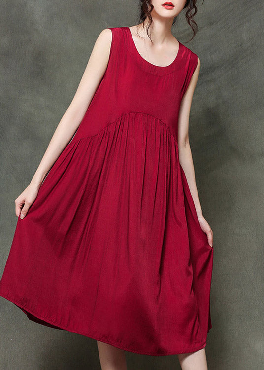 Casual Wine Print7 O-Neck Wrinkled Long Dresses Sleeveless
