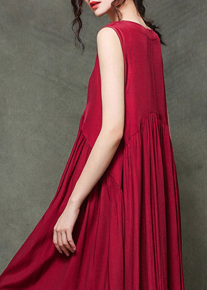 Casual Wine Print7 O-Neck Wrinkled Long Dresses Sleeveless