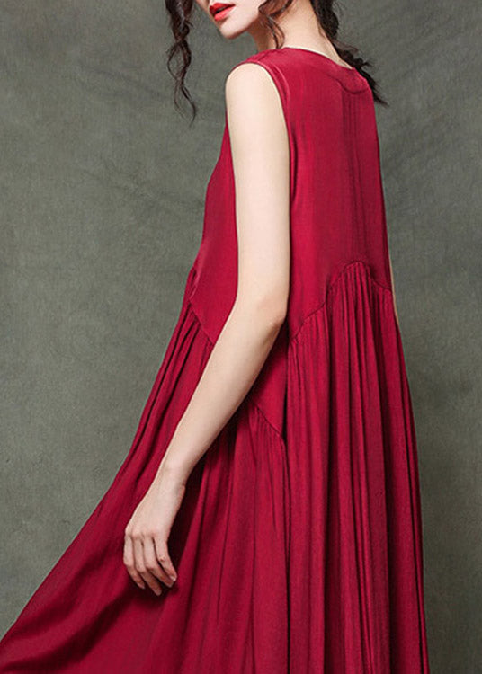 Casual Wine Print6 O-Neck Wrinkled Long Dresses Sleeveless