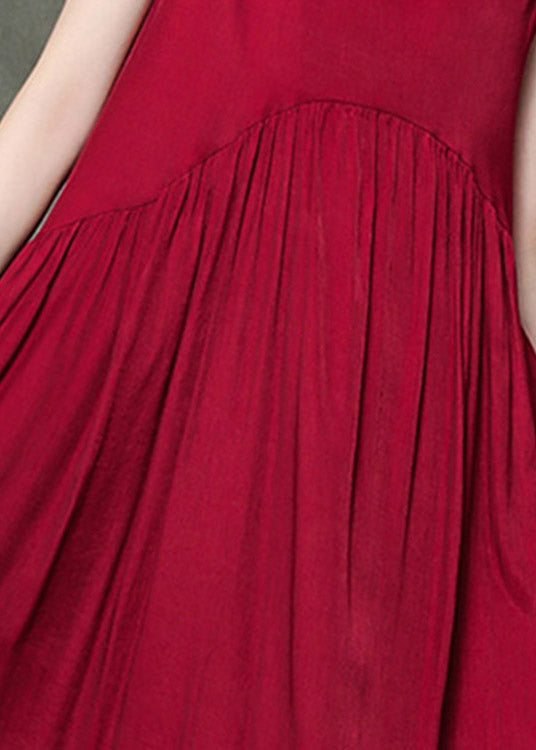 Casual Wine Print3 O-Neck Wrinkled Long Dresses Sleeveless