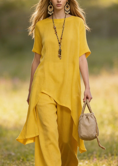 Casual Yellow Asymmetrical Plus Size Cotton Women Sets 2 Pieces Summer