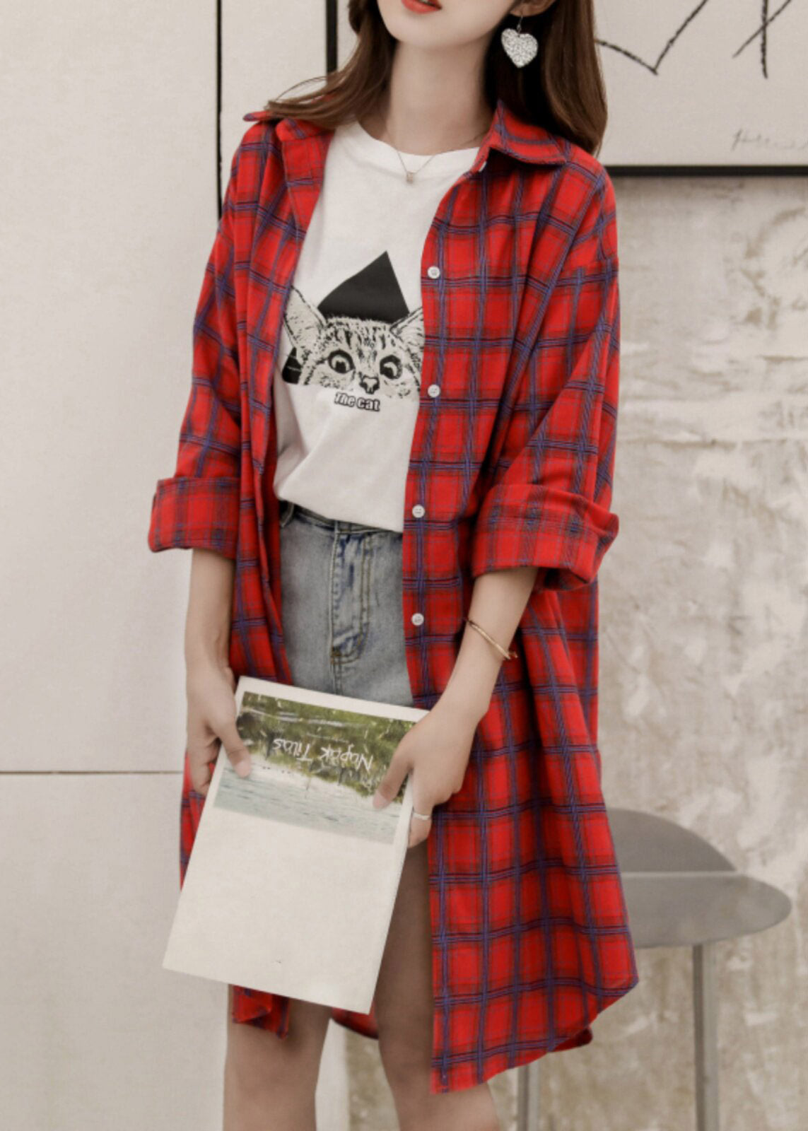 Casual Yellow Peter Pan Collar Plaid Button Long Shirt Spring
