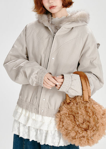 Casual Zip Up Fuzzy Fur Patchwork Fine Cotton Filled Hooded Jacket Winter