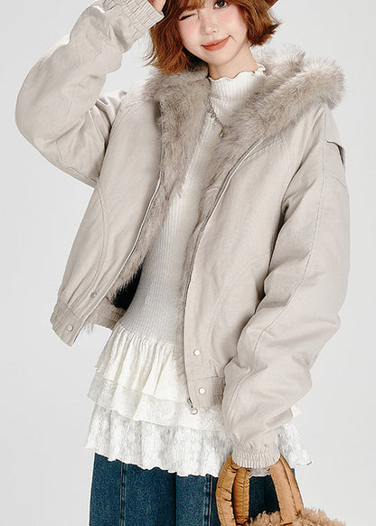Casual Zip Up Fuzzy Fur Patchwork Fine Cotton Filled Hooded Jacket Winter