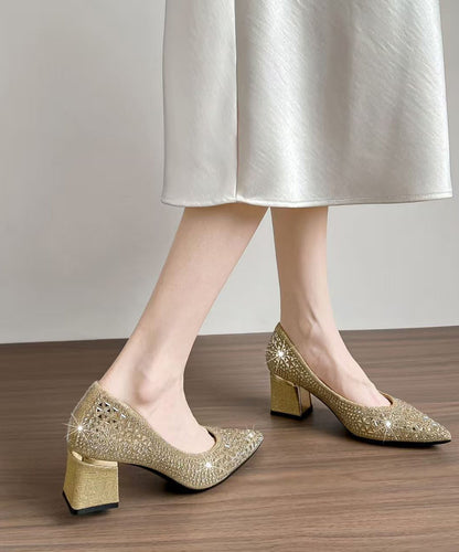 Champagne Sparkly High Heels Chunky Faux Leather Elegant Hollow Out High Heels