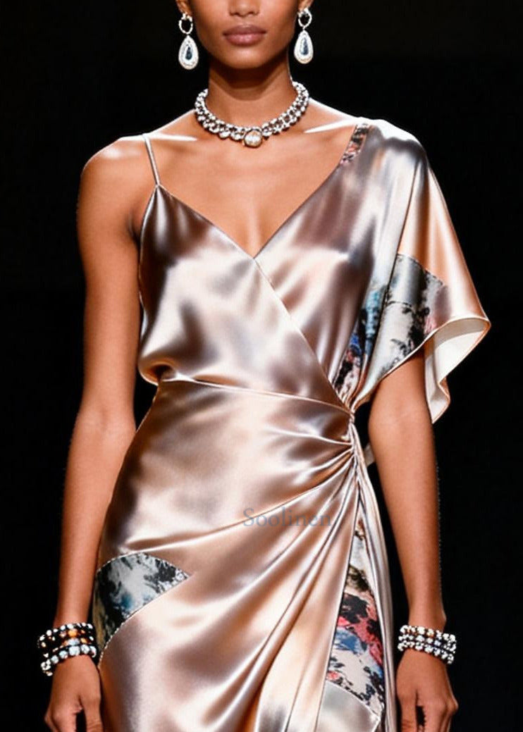 Chic Apricot Asymmetrical Patchwork Silk Sundress Summer
