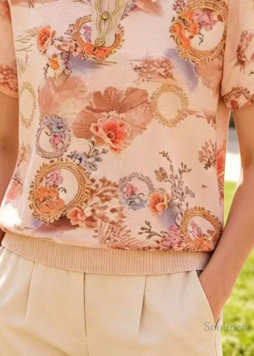 Chic Apricot Peter Pan Collar Print Cotton Shirts Summer