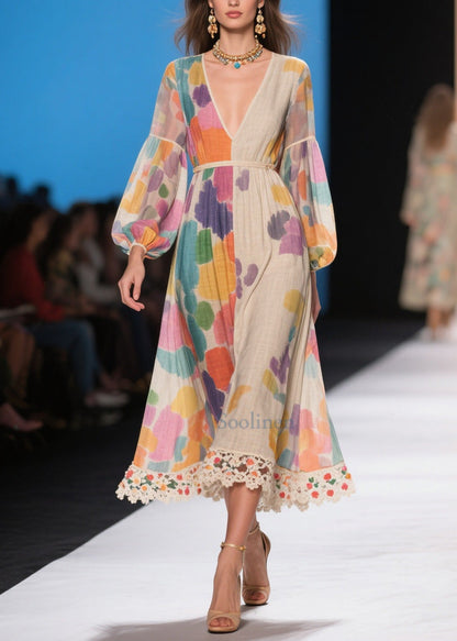 Chic Apricot Print Patchwork Lace Holiday Dress Lantern Sleeve