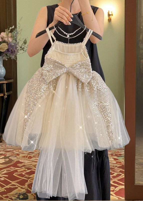 Chic Apricot Sequins Patchwork Bow Tulle Girls Maxi Dress Summer