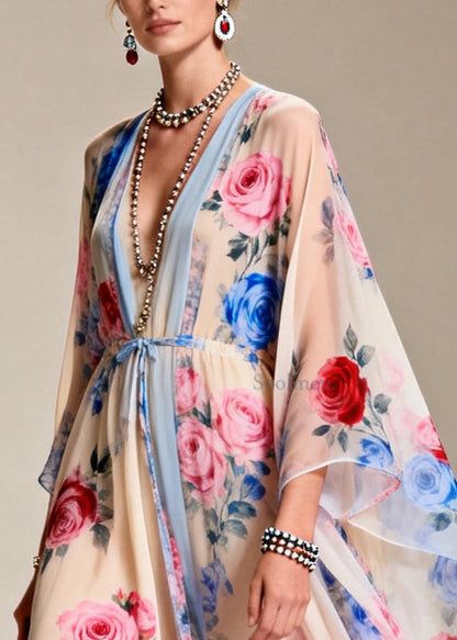 Chic Apricot Tie Waist Print Chiffon Party Dress Summer