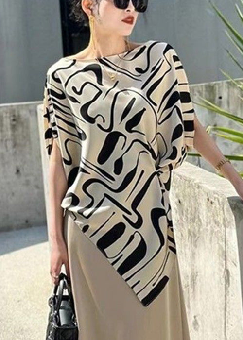 Chic Beige Asymmetrical Print Cotton Blouse Tops Summer