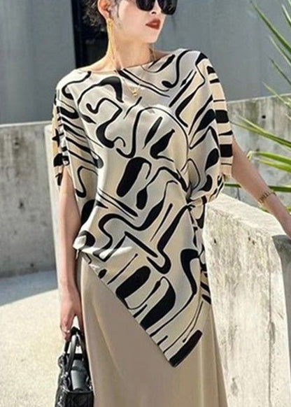 Chic Beige Asymmetrical Print Cotton Blouse Tops Summer