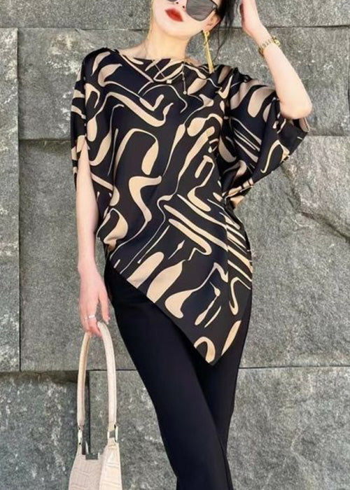 Chic Beige Asymmetrical Print Cotton Blouse Tops Summer
