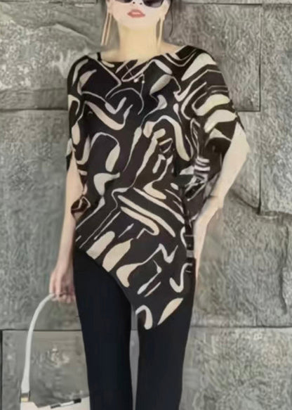 Chic Beige Asymmetrical Print Cotton Blouse Tops Summer