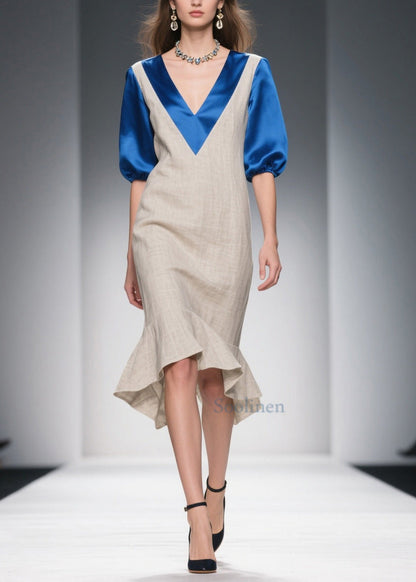Chic Beige Double-V Neck Patchwork Linen Silk Long Dresses Summer