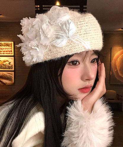 Chic Beige Floral Embroideried Knit Beret Hat
