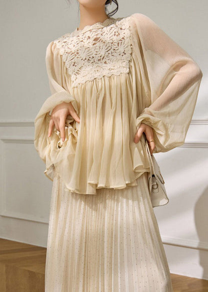 Chic Beige Lace Patchwork Top And A Line Skirts Two Pieces Set Spring