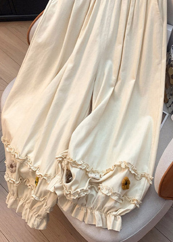 Chic Beige Ruffled Patchwork Wide Leg Pants Summer