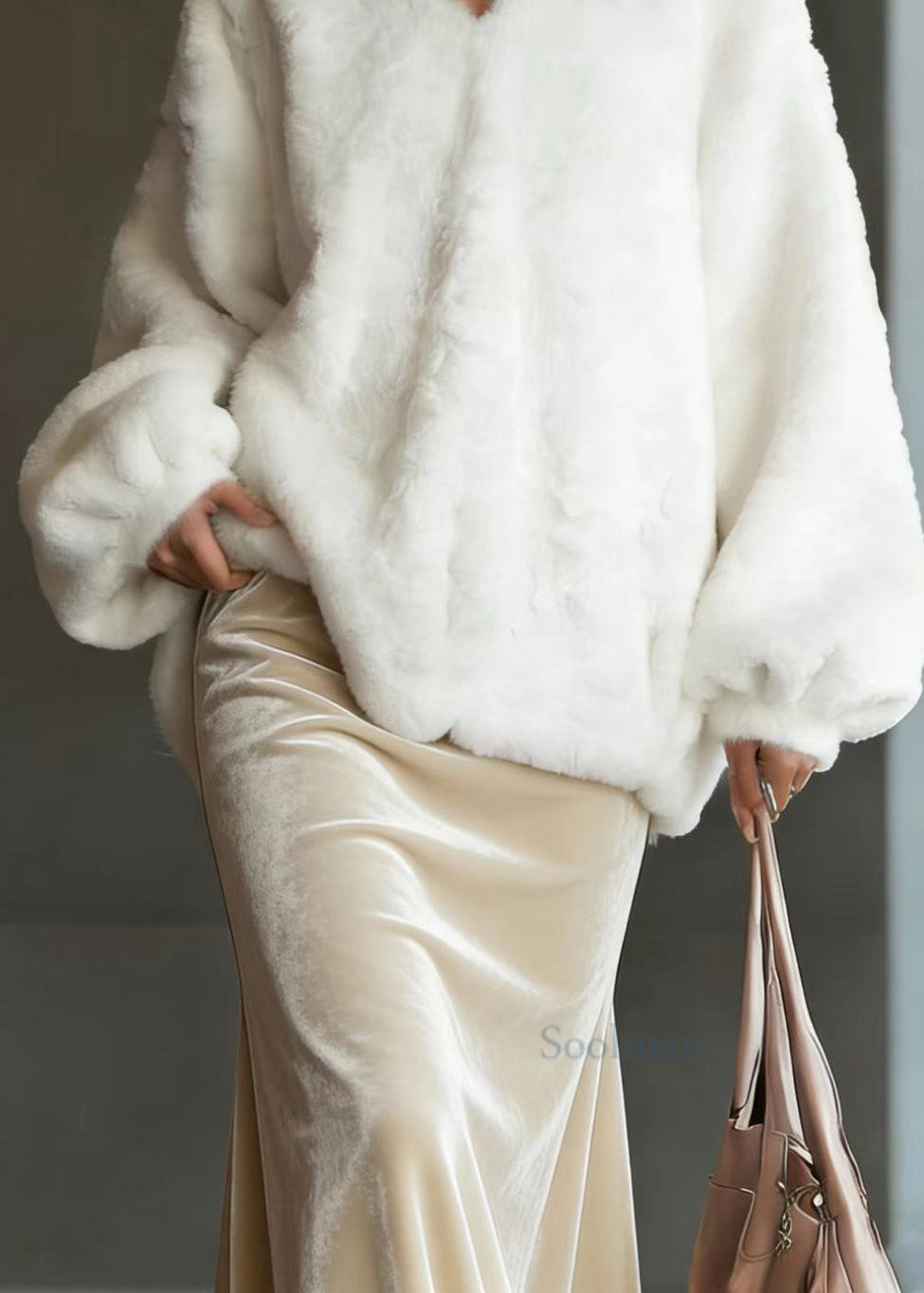 Chic Beige V Neck Fuzzy Fur Fluffy Tops Lantern Sleeve