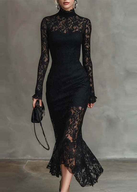 Chic Black Asymmetrical Slim Fit Lace Long Dress Fall