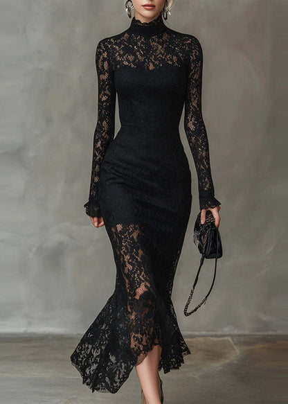 Chic Black Asymmetrical Slim Fit Lace Long Dress Fall