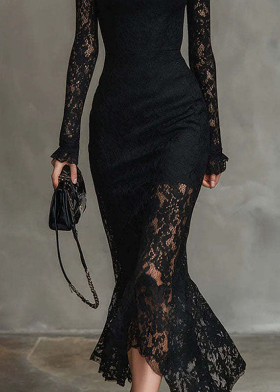 Chic Black Asymmetrical Slim Fit Lace Long Dress Fall