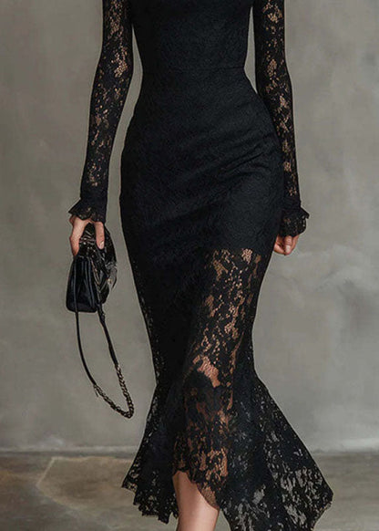 Chic Black Asymmetrical Slim Fit Lace Long Dress Fall
