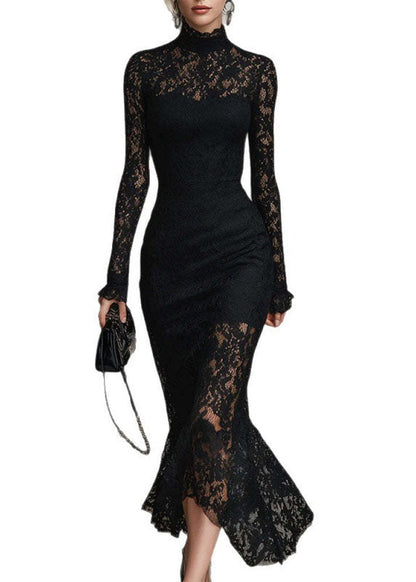 Chic Black Asymmetrical Slim Fit Lace Long Dress Fall