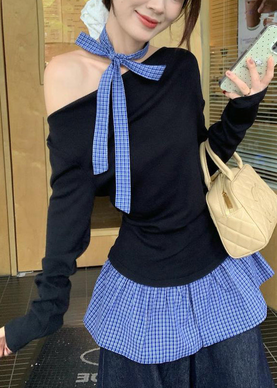 Chic Black Cold Shoulder Plaid Patchwork Cotton T Shirts Fall