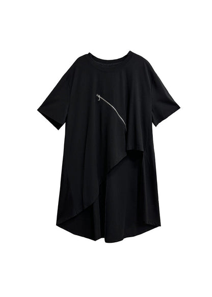 Chic Black Hollow Out Zip Up Asymmetrical Cotton T Shirt Summer