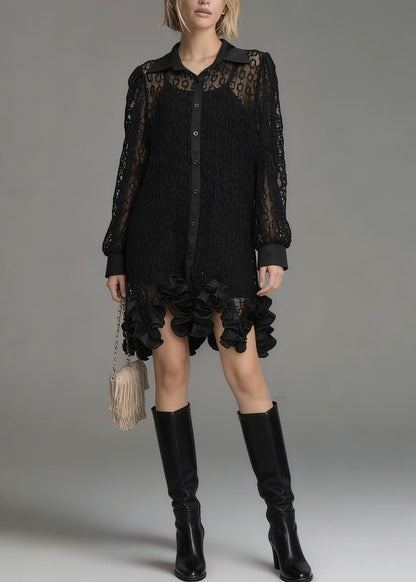 Chic Black Peter Pan Collar Hollow Out Floral Lace Shirt Tops Spring