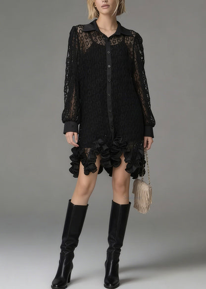 Chic Black Peter Pan Collar Hollow Out Floral Lace Shirt Tops Spring
